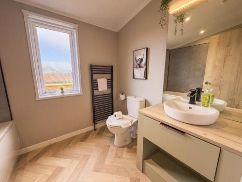 a bathroom with a sink and a toilet and a window at Sycamore Lodge in Bassenthwaite