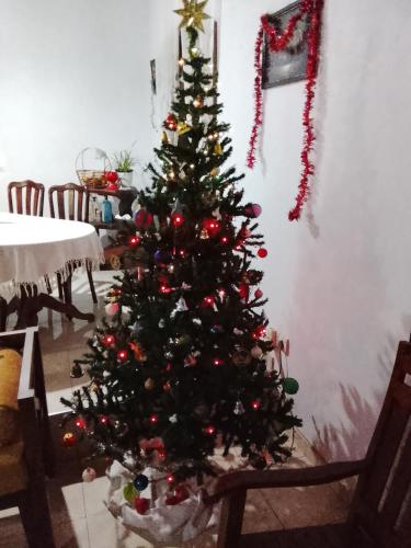 a christmas tree with ornaments in a dining room at Peacock rest in Batapola