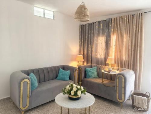 a living room with two couches and a table at One bedroom,central location Wifi&Ac in Cancino