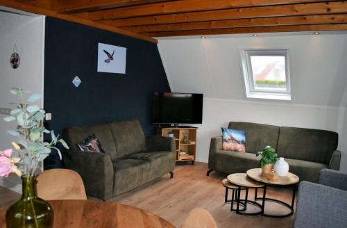 a living room with two couches and a tv at Torenvalk I Genieten nabij Bos in Zwiggelte
