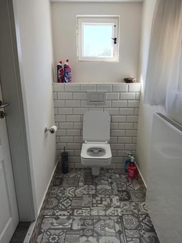 a bathroom with a toilet and a window at Chata Borecké skály in Ktová