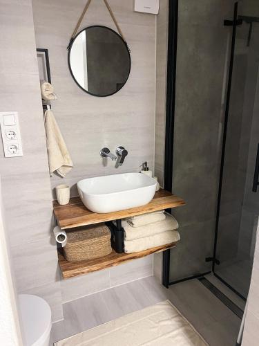 a bathroom with a sink and a shower at Ferienwohnung Alecasa in Gailingen