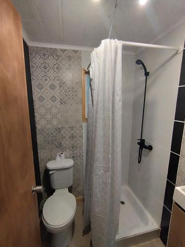 a bathroom with a toilet and a shower with a shower curtain at Refugió Chaicura in Chonchi