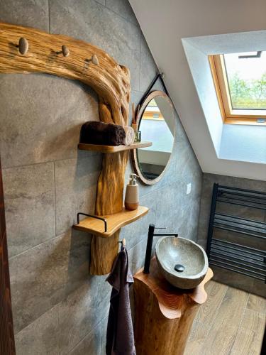 a bathroom with a sink and a mirror at JakLak in Izvoare
