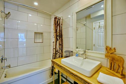 a bathroom with a sink and a shower and a mirror at chalet in blue mountain in Blue Mountains