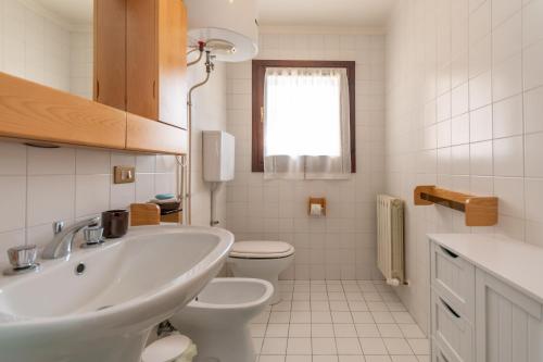 a white bathroom with a sink and a toilet at Condominio Meraviglia in Selva di Cadore