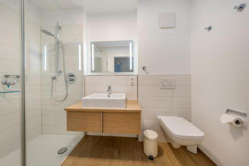 a bathroom with a sink and a toilet and a shower at Villa Louisa - Wohnung 36 in Ostseebad Sellin