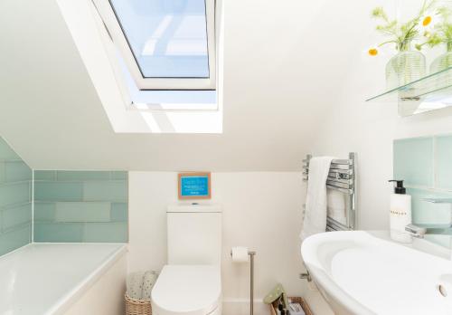 a bathroom with a toilet and a sink and a window at Tokenhill Cottage in Dorchester