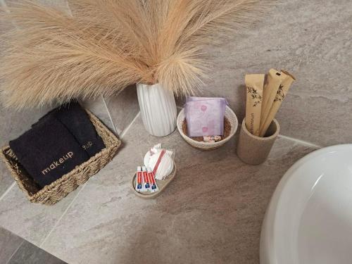 ein Badezimmer mit Toilette und einer Vase mit einigen Gegenständen in der Unterkunft Sidonia Suite in Psari Forada