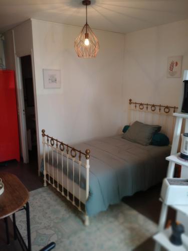 a bedroom with a bed and a chandelier at Studio Barbotan-les-Thermes in Cazaubon