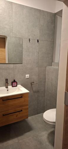 a bathroom with a sink and a toilet at Magma Grzybowo in Grzybowo