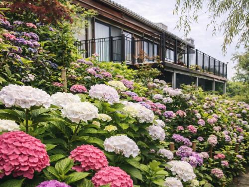a bunch of flowers in front of a building at ガーデンリゾート 潮美庵 in Hatsukaichi