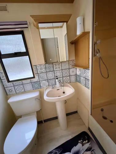 a small bathroom with a toilet and a sink at Stenshemmet Holidayhome in Hjo
