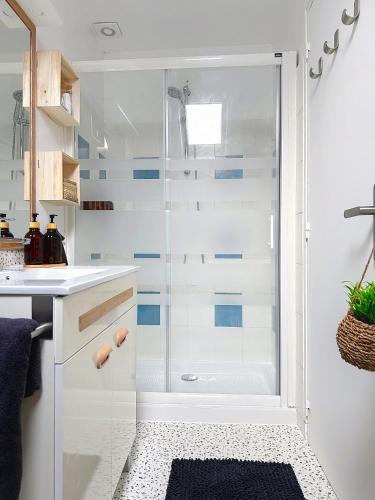 a bathroom with a shower with a glass door at La Courette des Rois - Hyper centre & Chateau in Dourdan