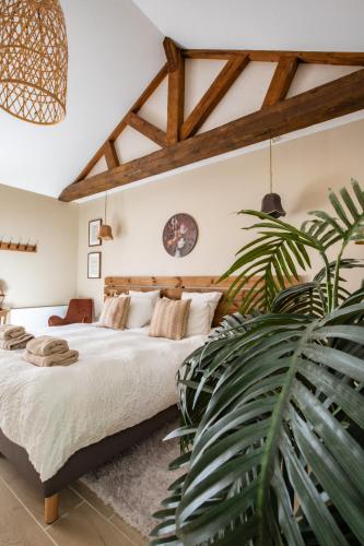 a bedroom with a large bed and a plant at Domaine Kaet in Ratenelle