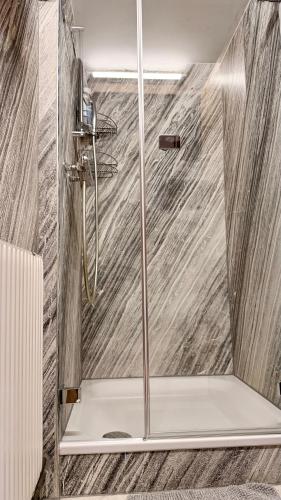 a shower with a glass door in a bathroom at CLOUD No3 Schweizer Chalet-Wohnung mit zentraler Klimaanlage in Matten