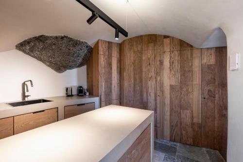 a kitchen with wooden walls and a sink and a counter at Al Crotto in Chiavenna