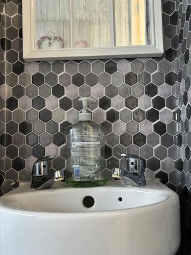 a bathroom sink with a bottle of soap on it at Haven Caravan Park Cala Gran 3 bedrooms Fleetwood in Fleetwood