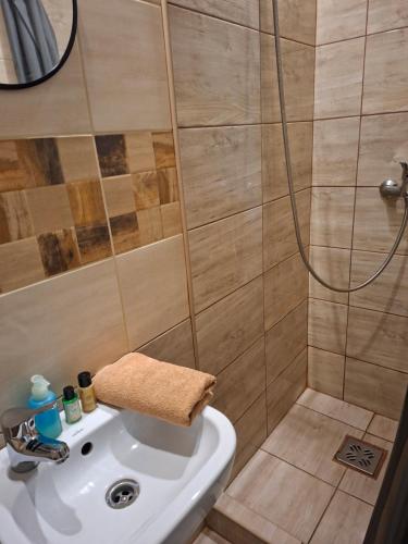a bathroom with a shower and a sink at Siófok 7 Apartmanház in Siófok