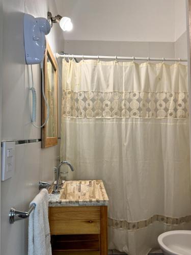 a bathroom with a shower curtain and a sink at Hotel Europa in Buenos Aires