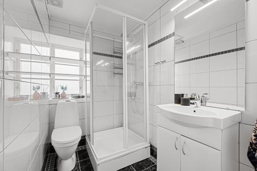 a white bathroom with a shower and a toilet and a sink at Hovedhuset in Kragerø