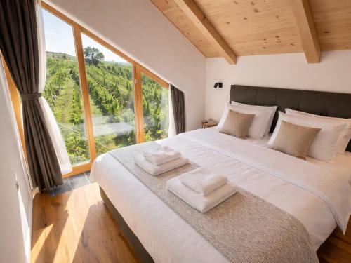 a bedroom with a large bed with a large window at Hiša PRI JEZERU in Dobrovnik