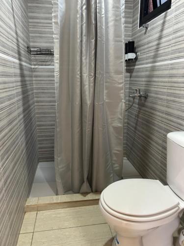 a bathroom with a toilet and a shower at Departamento para 2 pers con vista a las sierras OC in Villa Giardino