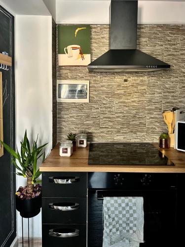 a kitchen with a stove and a counter top at The Attic in Civitavecchia