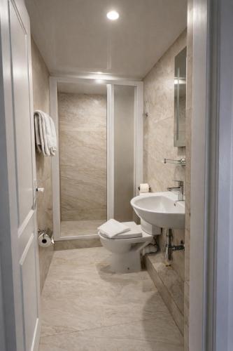 a bathroom with a toilet and a sink and a shower at Vila Flora in Juodkrantė