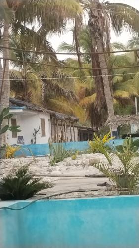 a view of a resort with palm trees and a pool at Hostel Angeles del Mar in San Antonio