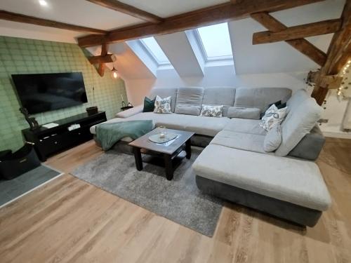 a living room with a couch and a tv at Apartment Elli in Lichtenhain