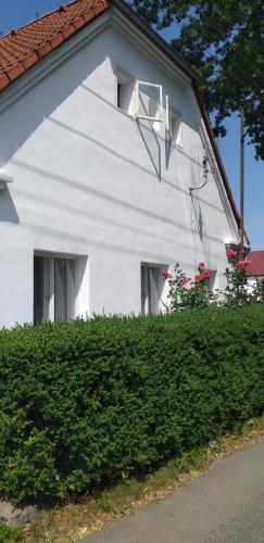 a white house with a window on the side of it at Chalupa u dubu Horní Ostrovec in Písek