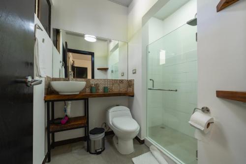 a bathroom with a sink and a toilet and a shower at Amazilia Guesthouse in Liberia