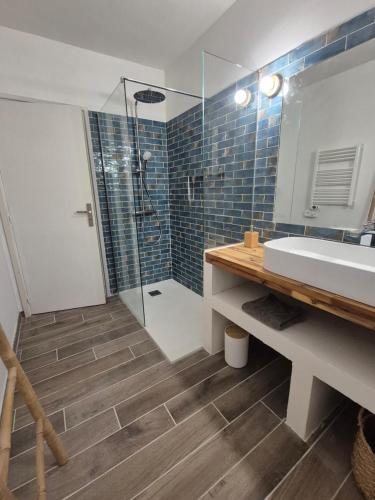 a bathroom with a shower and a sink and a mirror at Cap en Corse in Farinole