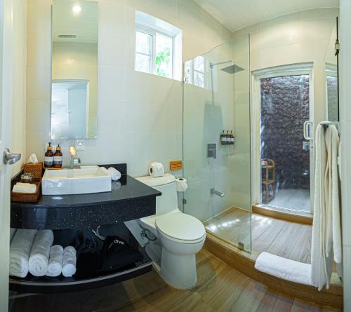 a bathroom with a toilet and a sink and a shower at Azul Hotel & Retreat in Playa Azul