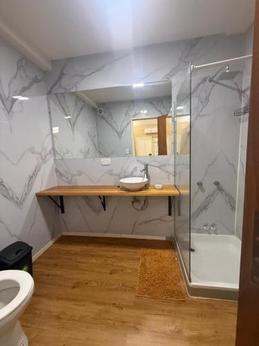 a bathroom with a shower and a sink and a toilet at Hostel 555 in La Plata