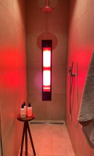 a bathroom with a shower with a red light at Bij de Kerk in Doesburg