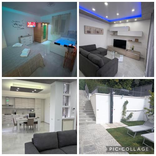 a collage of four pictures of a living room and kitchen at IL SOGNO luxury house in Santa Tecla