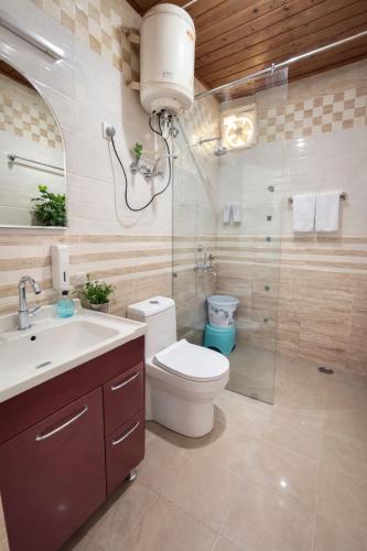 a bathroom with a toilet and a sink and a shower at Great Himalayan Resort in Dharmsāla