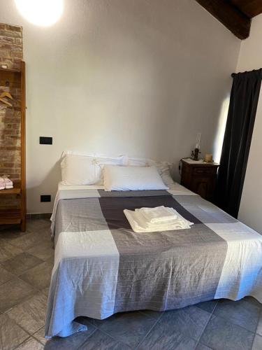 a bedroom with a large bed with a gray blanket at Locanda Tarello 1880 in Roppolo