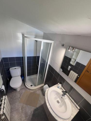 a bathroom with a shower and a sink and a toilet at Casa Latina in Moralet