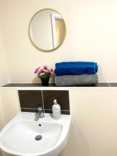a bathroom with a sink and a mirror at Wilsuel Haven-2Bedroom Aprt in Wolverhampton