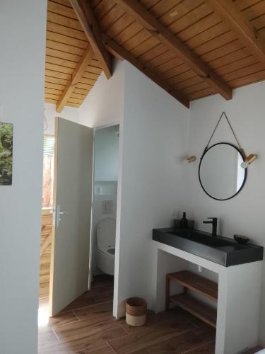 a bathroom with a black sink and a mirror at Tialba Lodge in Sainte-Anne