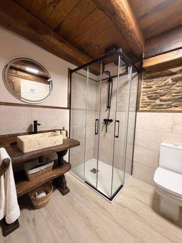 a bathroom with a glass shower and a toilet at A Casa da Ponte in Lugo