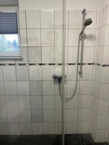a shower in a bathroom with a window at Auszeit im alten Land 2 in Buxtehude