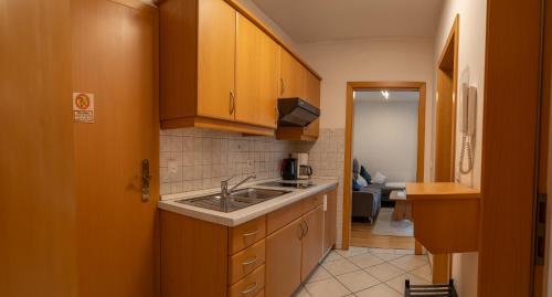 a small kitchen with a sink and a living room at Appartementhof Stadler in Pocking