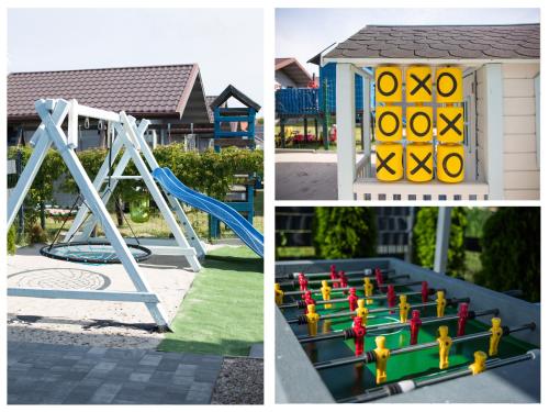 three pictures of a playground with a play equipment at Domki Scandinavia in Rowy
