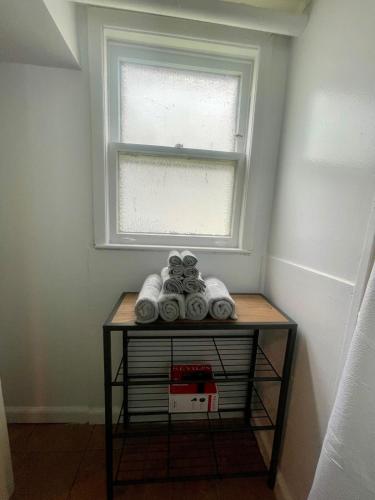 a room with a table with towels and a window at Lower Level Luxury in Chicago