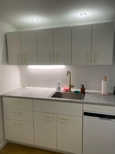 a kitchen with white cabinets and a sink at Moderne bybolig tæt på park og centrum in Horsens