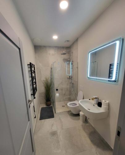 a bathroom with a toilet and a sink and a shower at To Be Apartament Palanga in Palanga